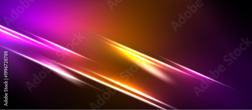 Abstract background features vibrant pink, orange streaks. Light radiates from central intersection, creating dynamic visual effect. Dark areas frame bright colors.