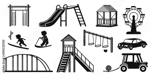 Slika na platnu Playground infrastructure and recreational activities silhouettes set with ferri