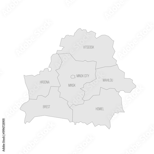Belarus political map of administrative divisions - regions and one autonomous city. Grey map with thin black outline and labels.