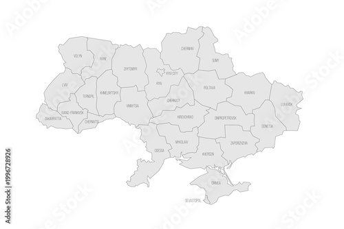 Ukraine political map of administrative divisions - regions, two cities with special status of Kyiv and Sevastopol, and autonomous republic of Crimea. Grey map with thin black outline and labels.