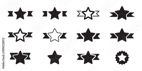 Set of star ribbon award icons featuring various artistic styles for ranking and rating achievement.