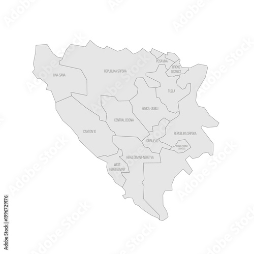 Bosnia and Herzegovina political map of administrative divisions - cantons of Federation of Bosnia and Herzegovina and Republika Srpska. Grey map with thin black outline and labels.
