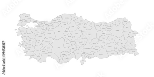Turkey political map of administrative divisions - provinces. Grey map with thin black outline and labels.
