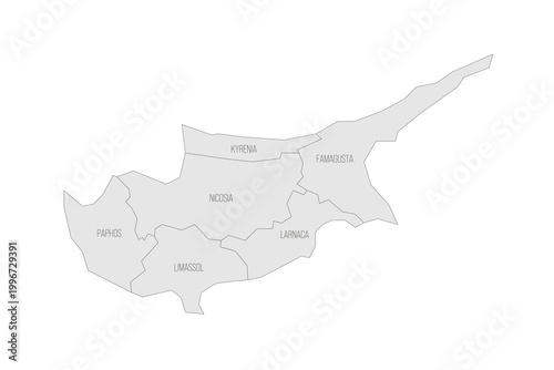 Cyprus political map of administrative divisions - districts. Grey map with thin black outline and labels.