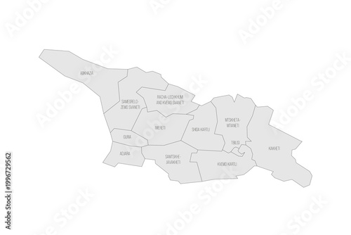 Georgia political map of administrative divisions - regions and autonomous republics of Abkhasia and Adjara. Grey map with thin black outline and labels.
