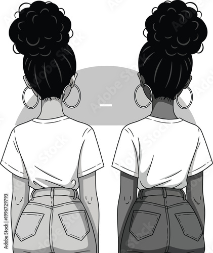 Two cartoon women with black hair and white t shirts standing back to back