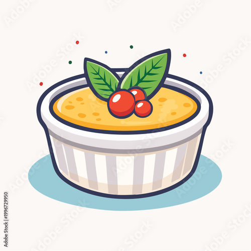 Creme Brulee Dessert with Berries and Leaves