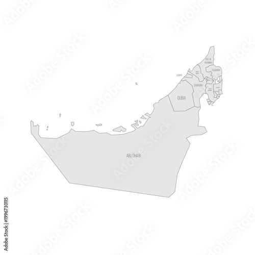United Arab Emirates political map of administrative divisions - emirates. Grey map with thin black outline and labels.