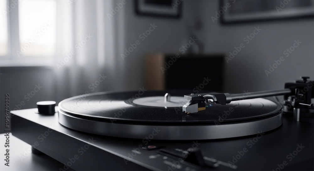 Fototapeta premium Vintage Turntable Playing Vinyl Record in Soft Light.