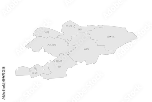 Kyrgyzstan political map of administrative divisions - regions and independent cities of Bishkek and Osh. Grey map with thin black outline and labels.