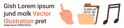 Technology, communication, data analysis, coding, digital media, music . Hand pointing, binary code clipboard and a music note together. Technology and communication theme
