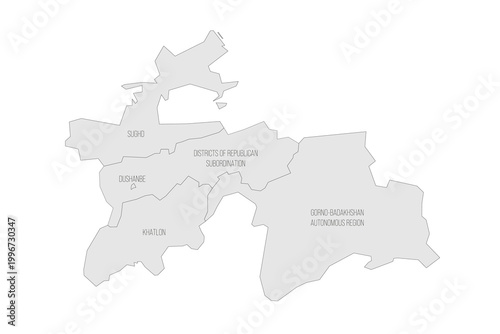 Tajikistan political map of administrative divisions - regions, autonomous region of Gorno-Badakhshan, districts of Republican Subordination and capital city of Dushanbe. Grey map with thin black