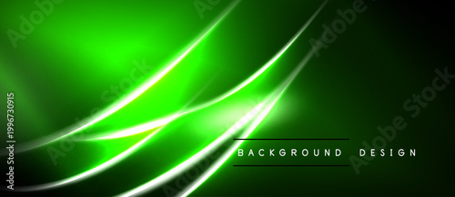 Bright green neon lines flow across dark background. Modern abstract design creates dynamic visual effect. Smooth gradients enhance depth.