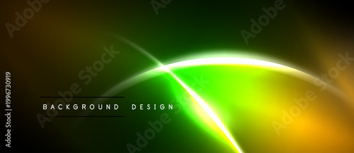Abstract neon lines create vibrant green, orange glow. Dark background emphasizes bright curves, modern design elements.