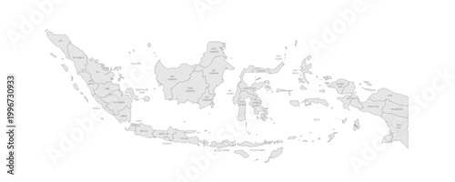 Indonesia political map of administrative divisions - provinces and special regions. Grey map with thin black outline and labels.