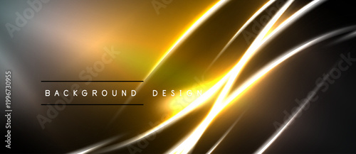 Abstract background features golden lines, gradients. Dark shades contrast bright illumination, creating dynamic visual effect. Modern design element.