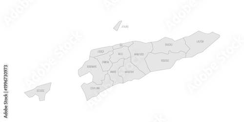 East Timor political map of administrative divisions - municipalities and Special Administrative Region Oecusse-Ambeno. Grey map with thin black outline and labels.