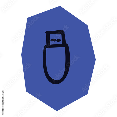 Hand drawn USB flash drive icon on blue geometric shape for scrapbook and journal. Vector illustration design.