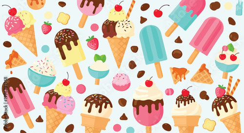Foto A colorful pattern of various ice cream treats and toppings