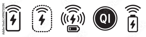Wireless charging icon set for mobile phone battery energy power supply and inductive charging tech.