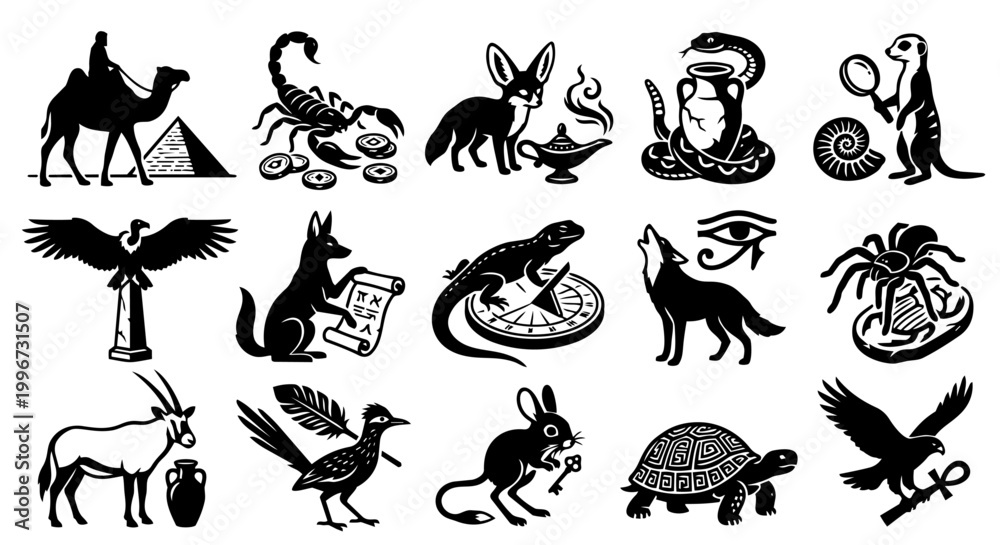 Obraz premium A comprehensive collection of black and white illustrations featuring various desert animals and ancient Egyptian symbols, ideal for themes of history, mythology, and exotic wildlife.