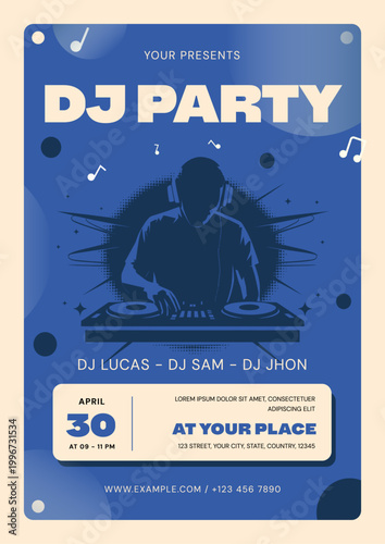 DJ Party Poster Design: A visually striking poster announcing a DJ party, featuring a silhouette of a DJ, musical notes, and key details like the date and location.