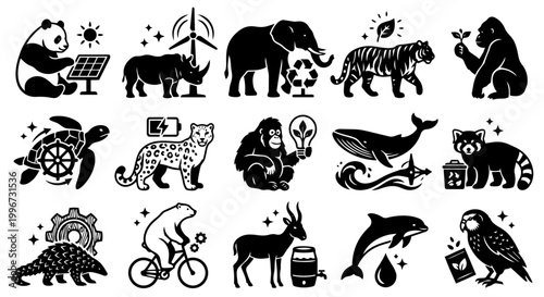 A collection of black and white silhouette icons depicting various wild animals interacting with environmental and conservation elements, representing wildlife protection and sustainability.