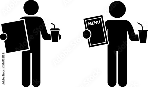 Black stick figure icons of a person holding a menu and a beverage cup with a straw