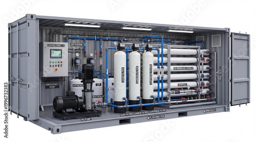 Highly Detailed Containerized Reverse Osmosis Water Purification System with RO Membranes Sand Filter and Control Panel