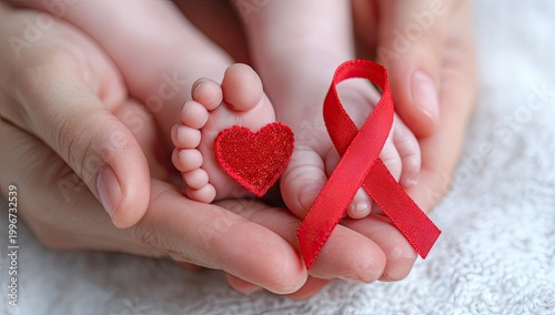 A tender image depicts a baby's foot alongside a red ribbon and heart, symbolizing hope and awareness.