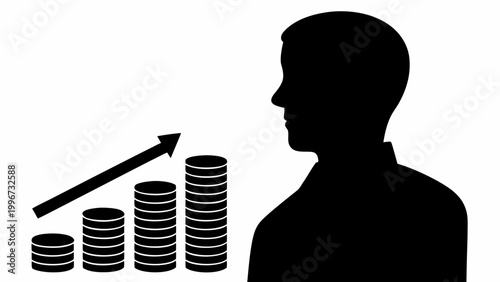 Person stacking coins with growing arrow symbolizing financial growth and investment