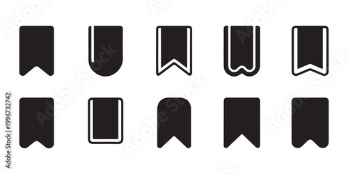 Various designs of black flat icons representing bookmarks or tabs, suitable for digital and print applications.