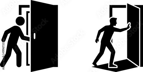 Black silhouette icons of a man opening and closing a door for exit and entrance signage