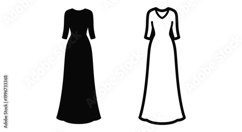 Two feminine dresses are displayed as black shapes a striking silhouette