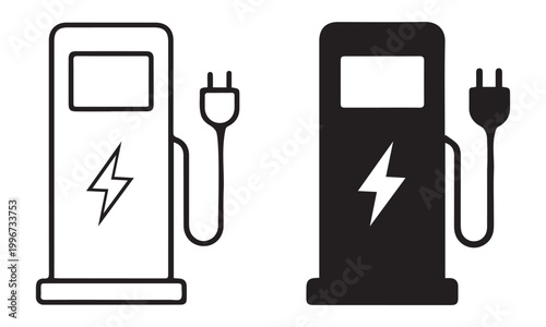 Electric charging station icon set, ev charger symbol, energy power plug and battery concept