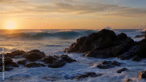 Cinematic sunset ocean waves crashing against dark coastal rocks with golden sunlight reflection and white sea foam motion.