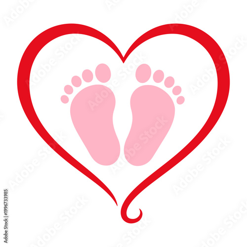 Baby footprint in heart icon, newborn love symbol, maternity care and family concept