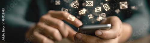 Person's hands holding a mobile device with illuminated email icons above