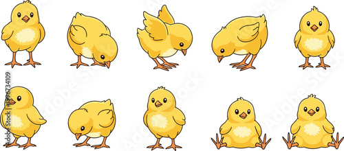 Set of Cute Yellow Chick Illustrations Featuring Baby Poultry in Various Playful Poses Including Standing Pecking Wing Flapping and Sitting for Farm Theme and Kids Education Graphic Designs