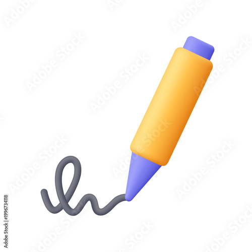 Yellow pen drawing black signature line. Signing documents, writing, approval, contract, agreement, authentication, digital signing and business concept. 3d vector icon. Cartoon minimal style.