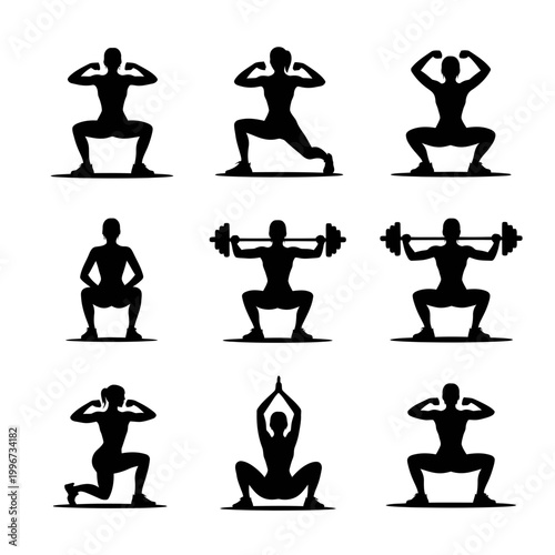 A fit man doing various squat exercises in black silhouette illustrations