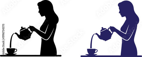 Silhouette of a woman pouring hot tea from a teapot into a cup on a table