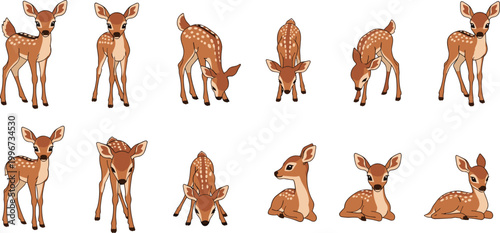 Set of Cute Fawn Illustrations Featuring Young Spotted Deer in Various Poses Including Standing Walking Grazing and Lying Down for Wildlife and Nature Graphic Designs