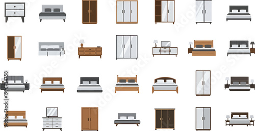 Flat design vector illustration set featuring various bedroom furniture items like beds closets and storage cabinets