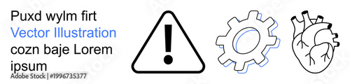 Safety protocols, mechanics, cardiovascular health, process optimization, system alerts, problem identification. Warning triangle, gear icon anatomical heart sketch. Safety and mechanics integration