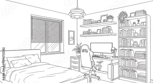 Modern bedroom interior line art vector illustration featuring a gaming desk setup, bookshelf, and cozy bed area