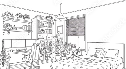 Modern bedroom interior line art vector illustration featuring a gaming desk setup and numerous lush indoor plants