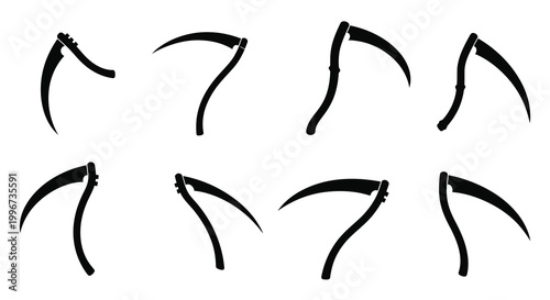 Bild auf Leinwand Arrangement of eight black scythes against a plain white background silhouette