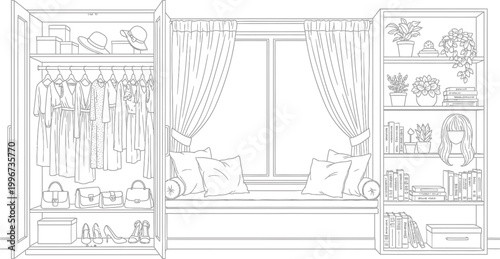 Detailed Line Art Illustration of a Cozy Bedroom Interior with Wardrobe Window Seat and Bookshelf for Coloring