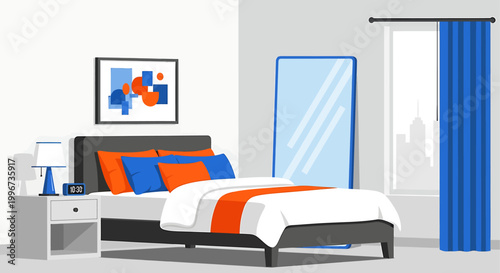 Modern minimalist bedroom interior vector illustration with blue and orange accents featuring a bed and mirror
